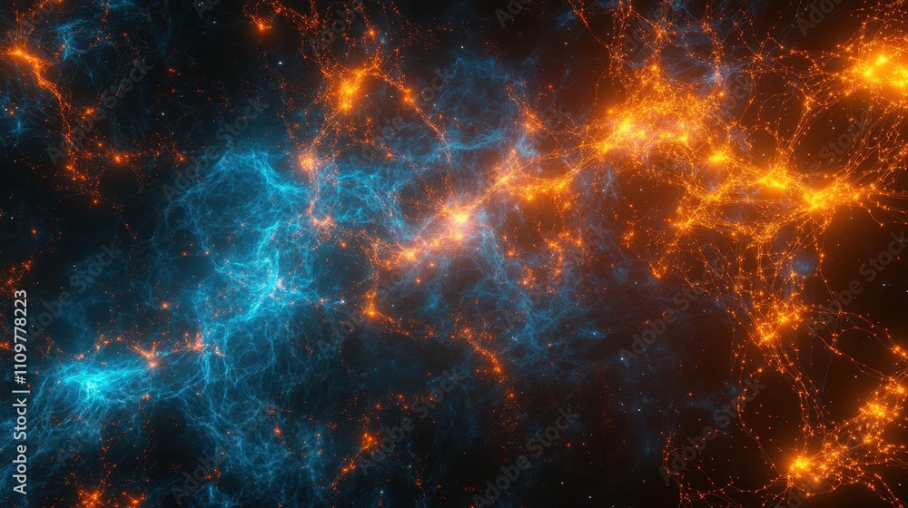 Naklejka premium A glowing neural network with vibrant blue and orange nodes interconnected by sleek digital lines, set against a dark gradient background, creating a sense of AI-driven complexity and innovation. 