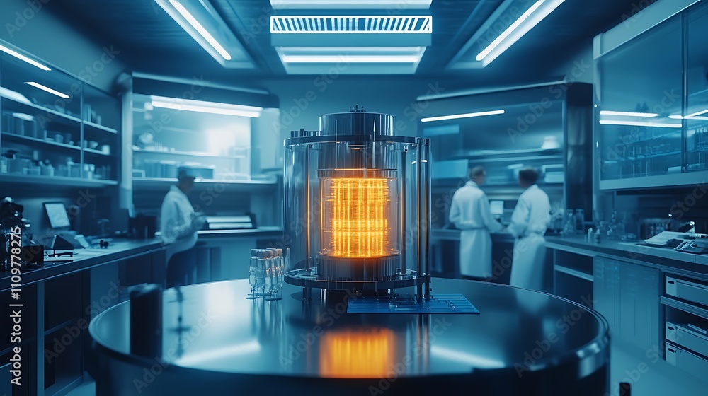 Scientists in a modern lab examine a glowing cylindrical device on a reflective table. Scientists in a modern lab examine a glowing cylindrical device on a reflective table.