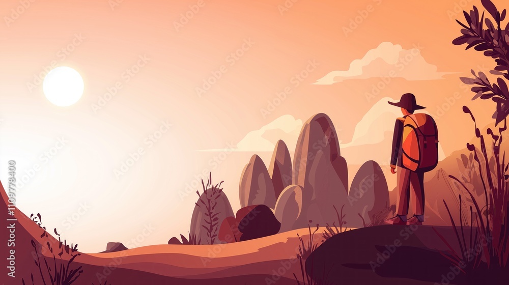 Fototapeta premium A 10-year-old boy stands, backpack slung over his shoulder, admiring the beautiful sunset in a mountainous area filled with greenery