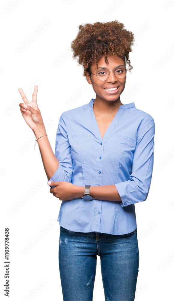 Beautiful young african american business woman over isolated background smiling with happy face winking at the camera doing victory sign. Number two. Beautiful young african american business woman over isolated background smiling with happy face winking at the camera doing victory sign. Number two.