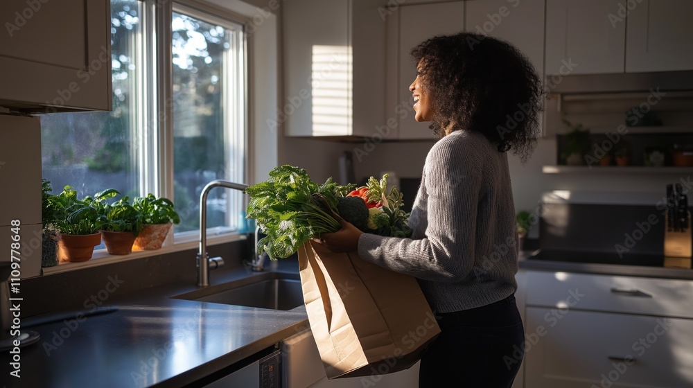 In a modern kitchen, a woman happily unpacks groceries, showcasing her commitment to healthy eating while enjoying her daily routine In a modern kitchen, a woman happily unpacks groceries, showcasing her commitment to healthy eating while enjoying her daily routine