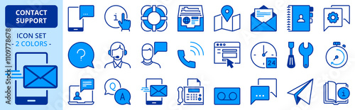 Icons in two colors about contact and support