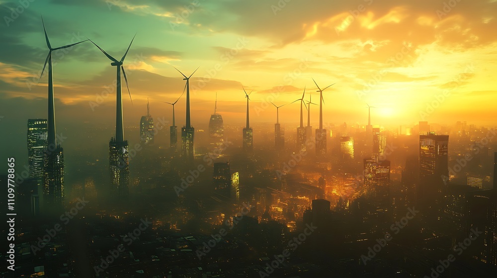 Futuristic city skyline at sunset with wind turbines. Futuristic city skyline at sunset with wind turbines.