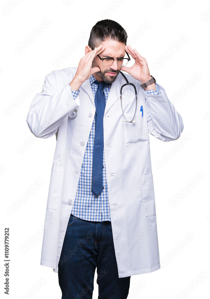 Handsome young doctor man over isolated background with hand on head for pain in head because stress. Suffering migraine. Handsome young doctor man over isolated background with hand on head for pain in head because stress. Suffering migraine.