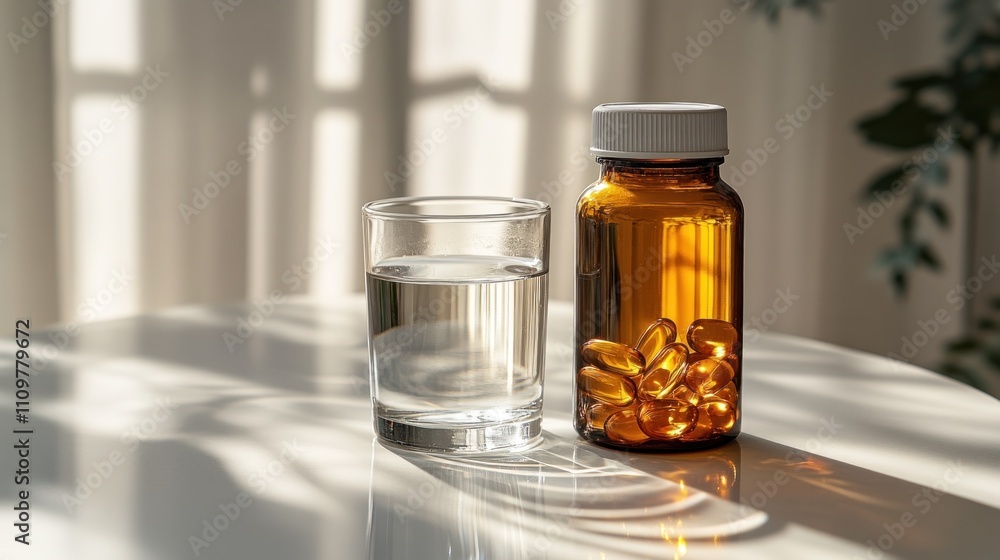 Sunlight illuminates a glass of water next to a bottle of vitamin C tablets on a clean white surface, creating a serene morning atmosphere