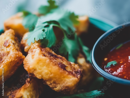 Fried stinky tofu with chili sauce and cilantro photo