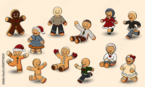 Christmas classic cookie men and women.3d gingerbread men in different poses and angles, Noelle holiday dessert isolated on a white background. Vector