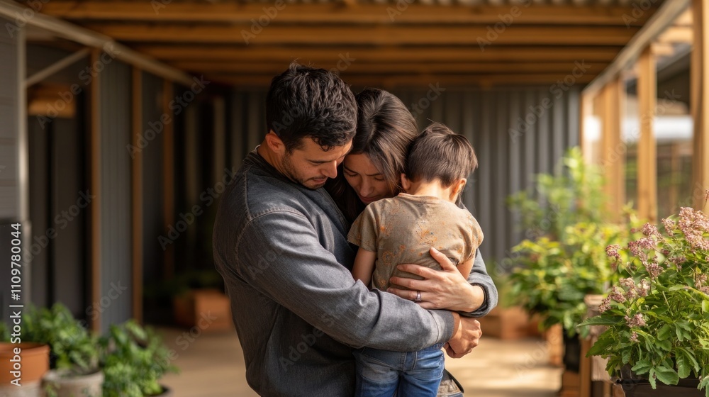 Fototapeta premium A couple embraces their children in a refugee camp, conveying deep concern in their eyes surrounded by sparse, natural elements