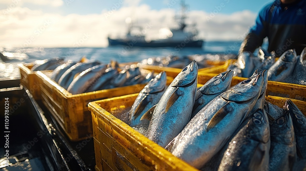 Crew celebrates a successful fishing trip, showcasing their large catch in crates aboard the vessel on a sunny day at sea Crew celebrates a successful fishing trip, showcasing their large catch in crates aboard the vessel on a sunny day at sea