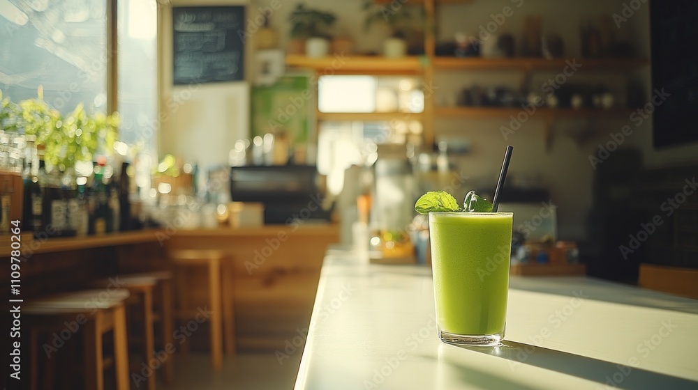 A vibrant green smoothie sits on a white table, illuminated by sunlight in a minimalist cafe, showcasing its fresh ingredients and color A vibrant green smoothie sits on a white table, illuminated by sunlight in a minimalist cafe, showcasing its fresh ingredients and color
