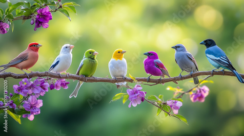 Captivating scene of tropical beauty and biodiversity: seven lively birds perched on a blooming branch