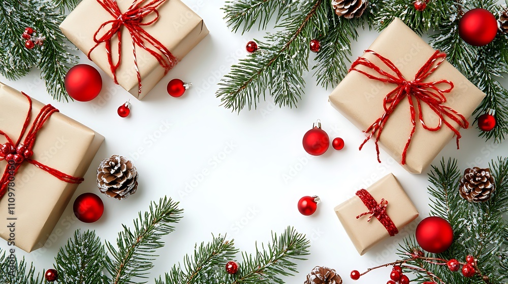 A Christmas composition featuring gifts, fir tree branches, and red decorations on a white background. A Christmas composition featuring gifts, fir tree branches, and red decorations on a white background.