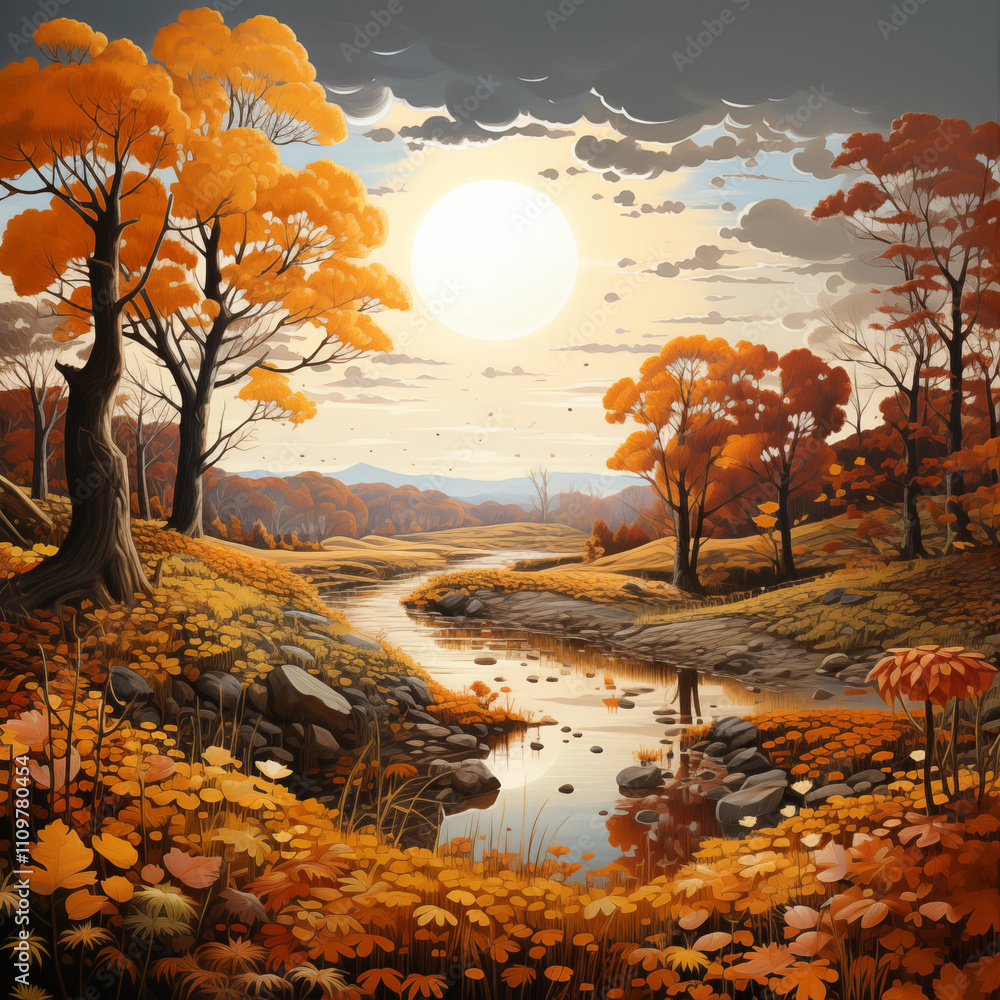 Fototapeta premium Golden Autumn Stream: A Nature's Harmony