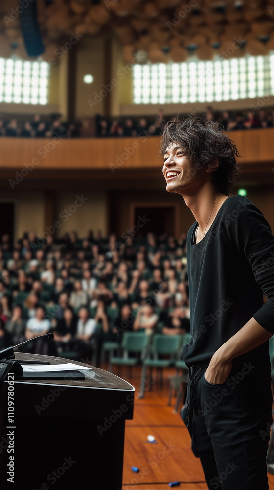 Obraz premium Indonesian Man Giving a Lecture in a Large Auditorium