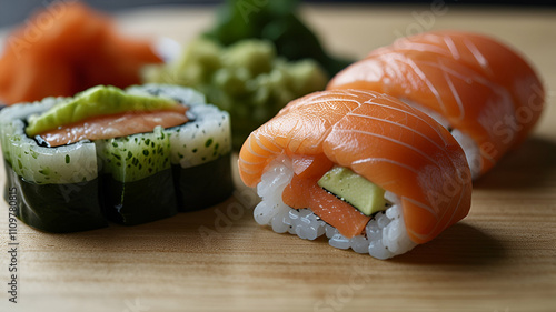 sushi, nigiri, salmon, wasabi, delicate, fresh, seafood, Japanese, elegant, gourmet
 photo