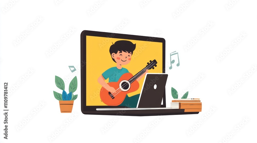 Happy boy learning guitar online via laptop. (1) Happy boy learning guitar online via laptop. (1)