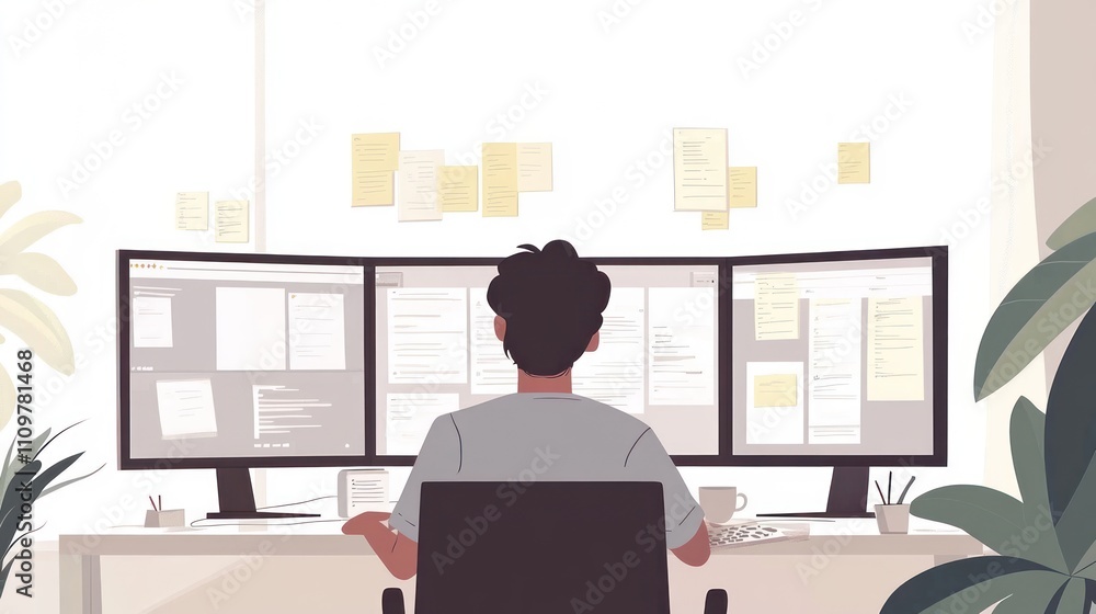 Man working on triple monitors at home office. Man working on triple monitors at home office.