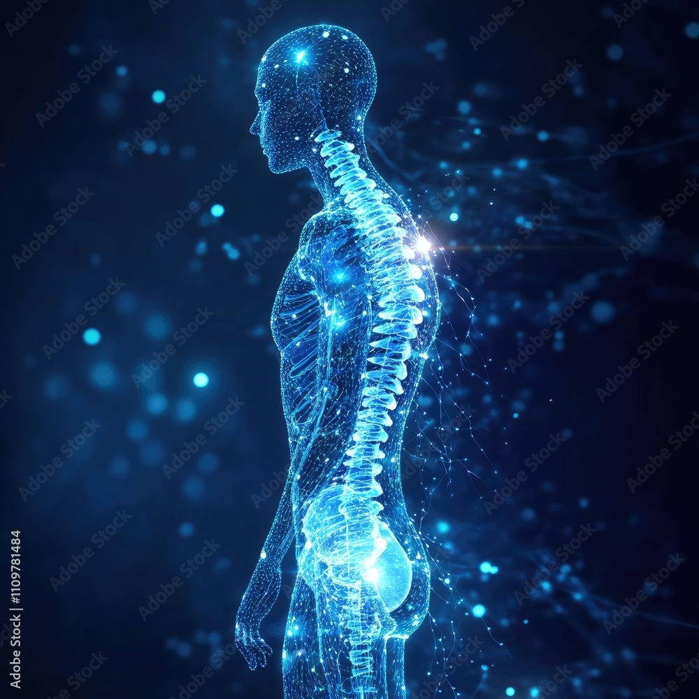 Futuristic Digital Human Anatomy with Glowing Spine and Neural Network on Dark Background Futuristic Digital Human Anatomy with Glowing Spine and Neural Network on Dark Background