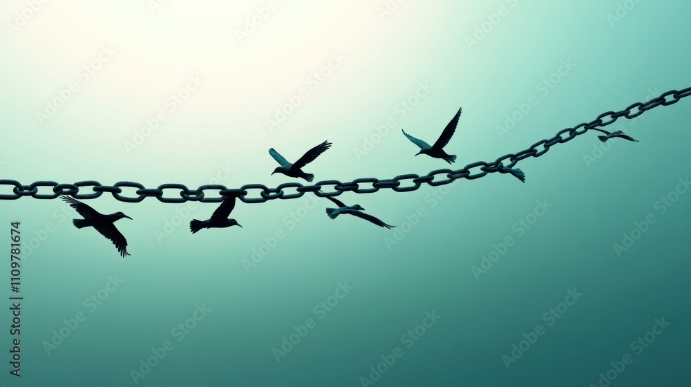 Birds flying free from broken chain link. Birds flying free from broken chain link.