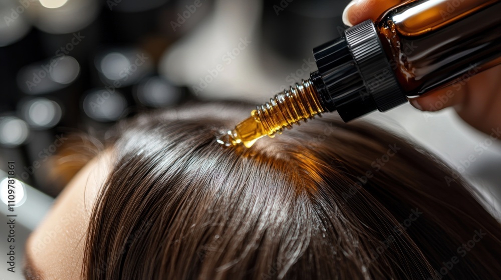 Fototapeta premium A stylist performs a hair oil application on a client\'s scalp to enhance moisture and shine, showcasing a pampering salon experience