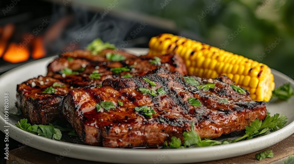 Grilled steaks with corn on the cob, garnished with herbs, showcasing delicious barbecue food. Grilled steaks with corn on the cob, garnished with herbs, showcasing delicious barbecue food.