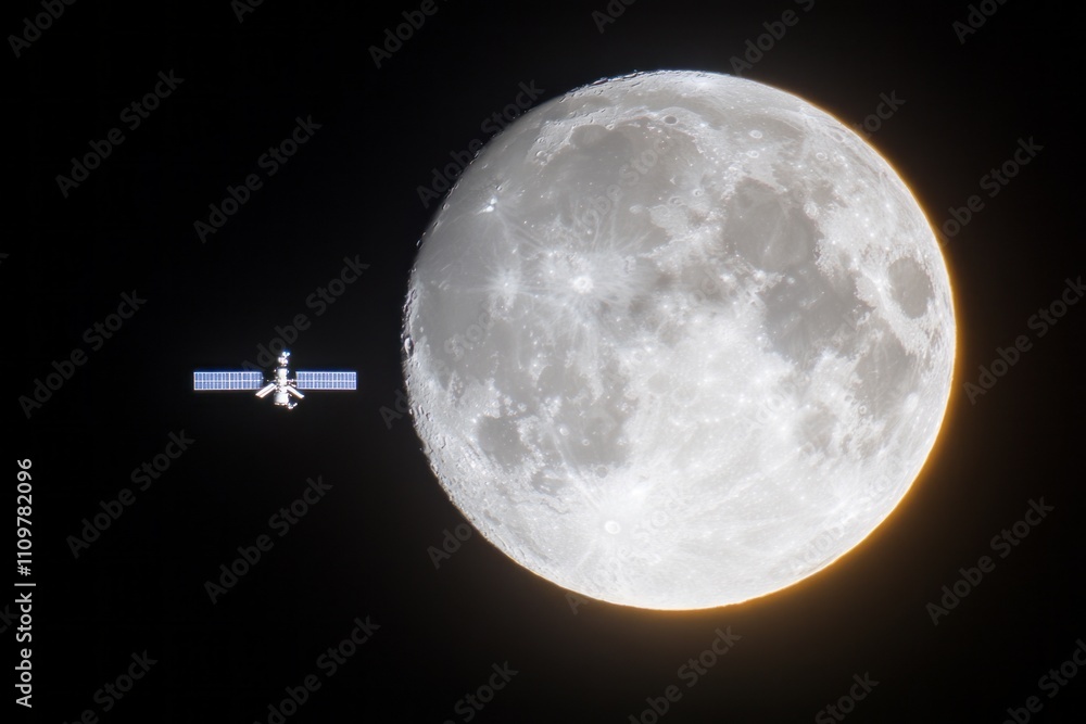 Naklejka premium Space station orbiting near the moon's surface