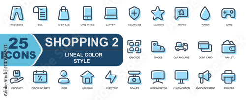 icon set of shopping materials.style lineal color.contains scales,wide monitor,flat monitor,electronics,announcement,marketing,printer,protection,star,favorite,rating,chat.

