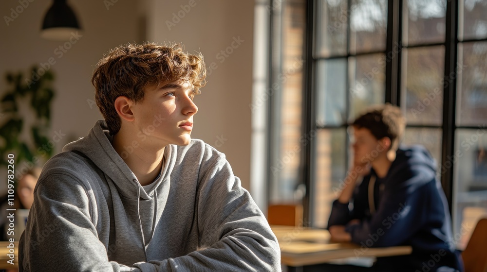 A young man sits in a cafe, lost in contemplation while sunlight filters through the window, creating a warm atmosphere A young man sits in a cafe, lost in contemplation while sunlight filters through the window, creating a warm atmosphere