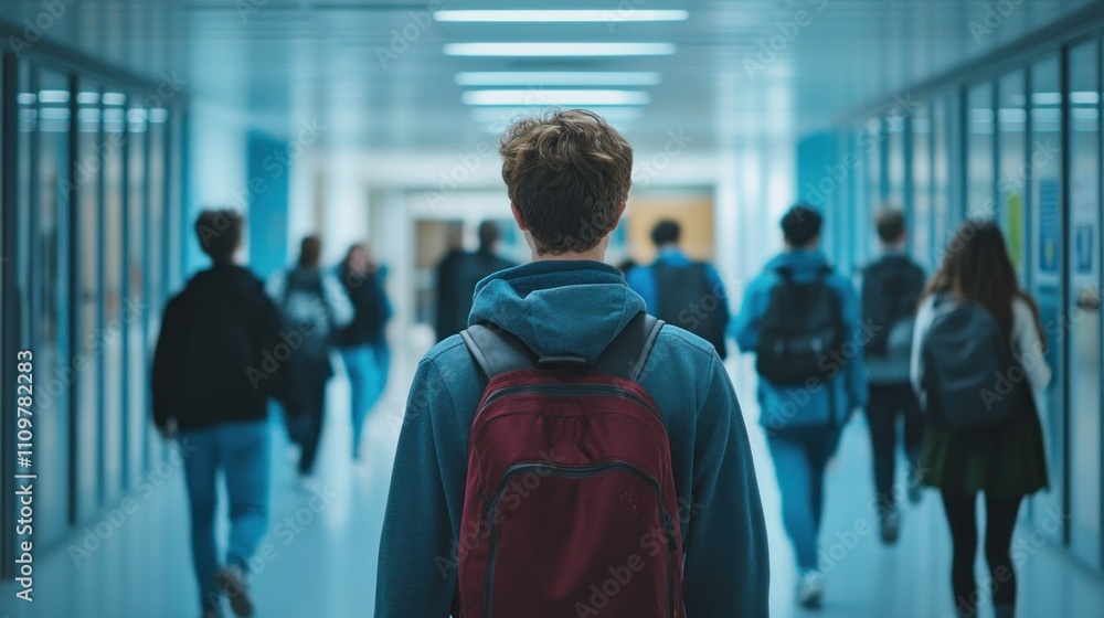A group of students is walking through a bright school hallway while a boy with a backpack walks ahead, heading toward the exit A group of students is walking through a bright school hallway while a boy with a backpack walks ahead, heading toward the exit
