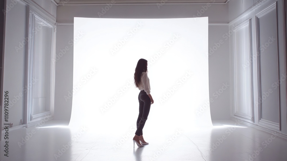 Woman in white top and black pants, posing against bright backdrop in a white room. Woman in white top and black pants, posing against bright backdrop in a white room.