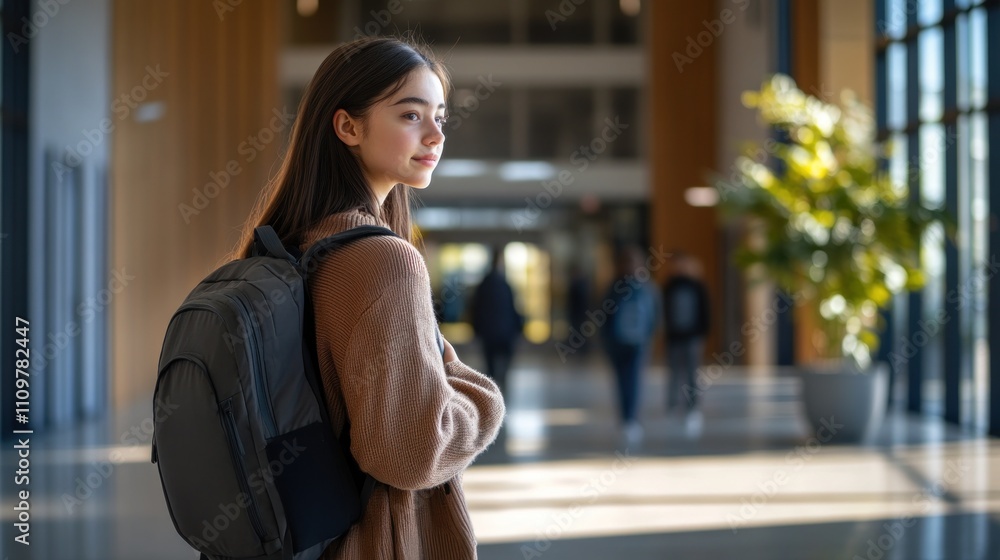 Fototapeta premium A student in casual attire stands in a contemporary school hallway, looking pensive while others walk by during afternoon hours