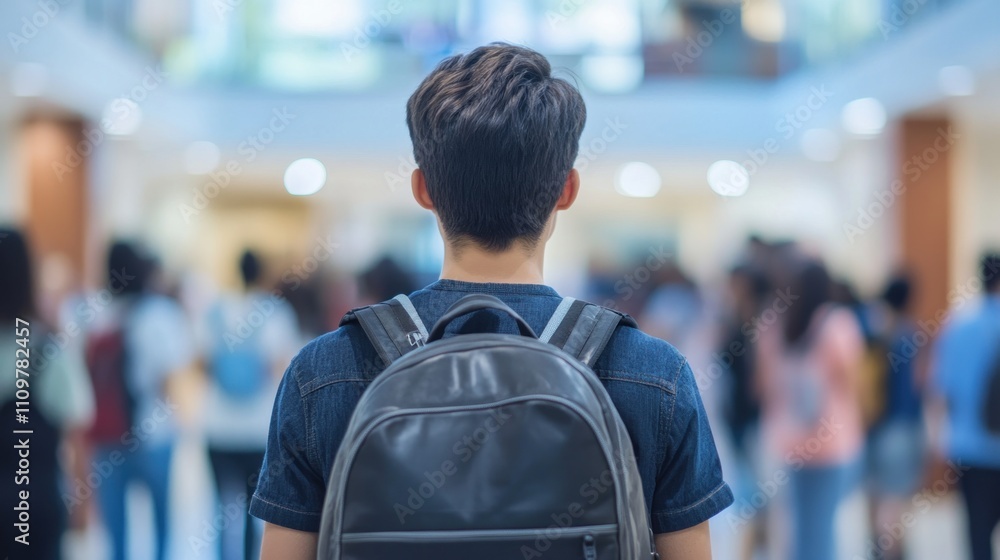 A young student with a backpack observes fellow classmates in a crowded school corridor, capturing a typical day at school A young student with a backpack observes fellow classmates in a crowded school corridor, capturing a typical day at school