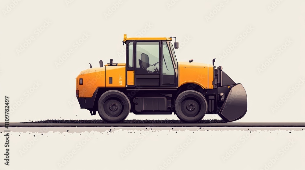 Fototapeta premium Yellow road construction vehicle, side view, on asphalt.