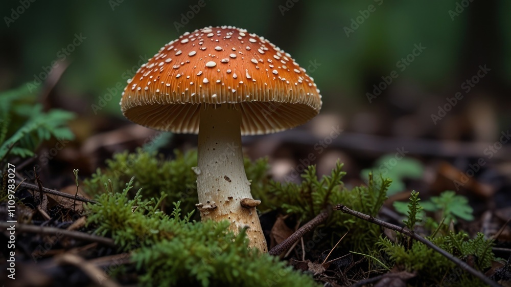 Single orange mushroom with white dots in forest. Single orange mushroom with white dots in forest.