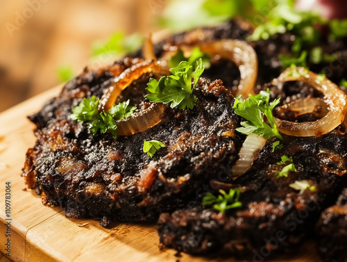 Pan-fried black pudding with onions and parsley garnish