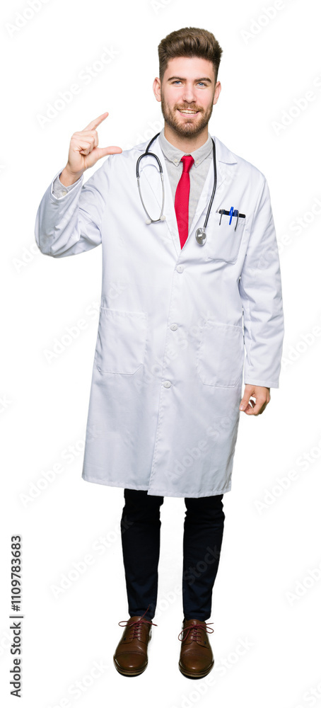 Young handsome doctor man wearing medical coat smiling and confident gesturing with hand doing size sign with fingers while looking and the camera. Measure concept. Young handsome doctor man wearing medical coat smiling and confident gesturing with hand doing size sign with fingers while looking and the camera. Measure concept.