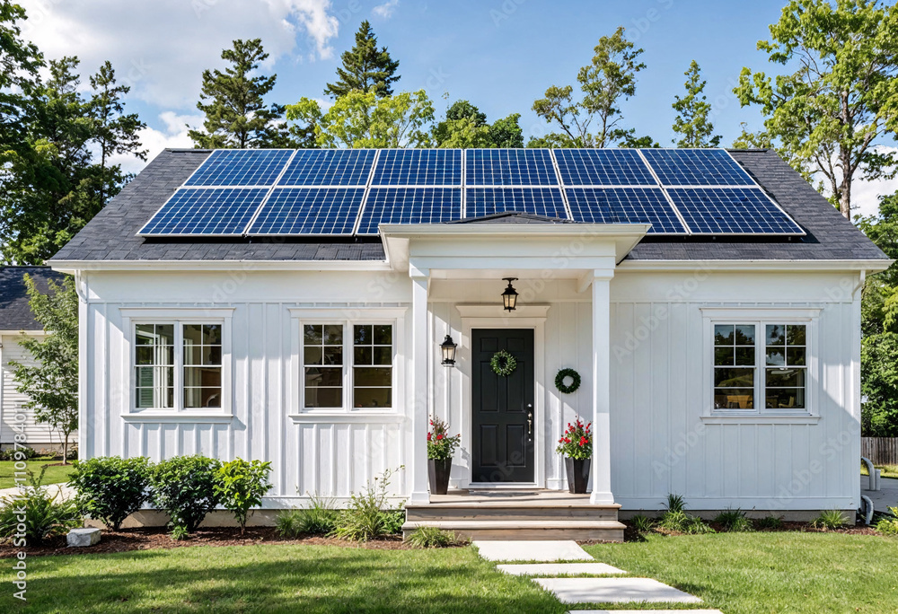 Modern house with solar panels in a serene neighborhood during a clear day Modern house with solar panels in a serene neighborhood during a clear day