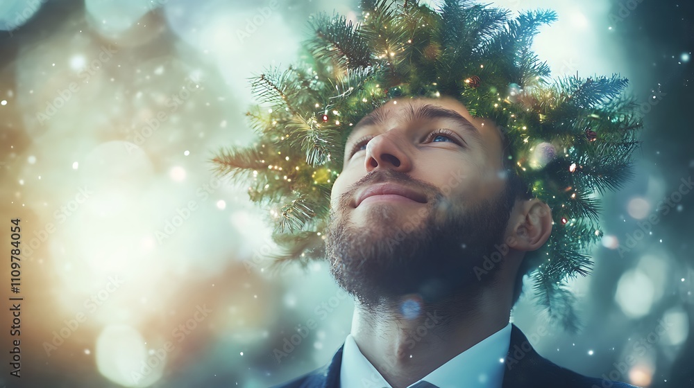 Man with Christmas wreath on head. Festive, joyful, winter. Man with Christmas wreath on head. Festive, joyful, winter.