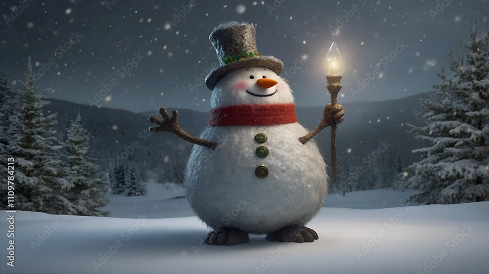 Obraz premium A mythical snowman wearing a hat against a backdrop of snowy hills.