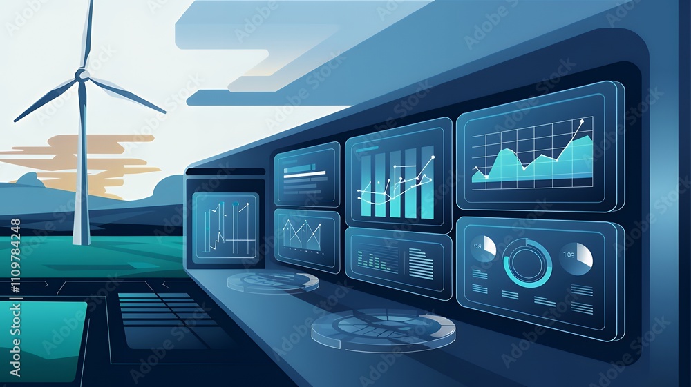 A digital illustration prominent wind turbine on the left side, and transparent digital screens displaying various data visualizations, including line graphs, bar charts, and circular diagrams. A digital illustration prominent wind turbine on the left side, and transparent digital screens displaying various data visualizations, including line graphs, bar charts, and circular diagrams.