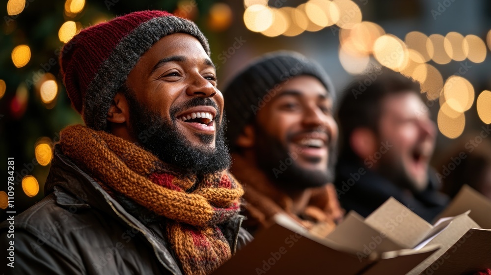 Friends gather together, smiling and singing carols by twinkling lights at a vibrant winter celebration in the evening Friends gather together, smiling and singing carols by twinkling lights at a vibrant winter celebration in the evening