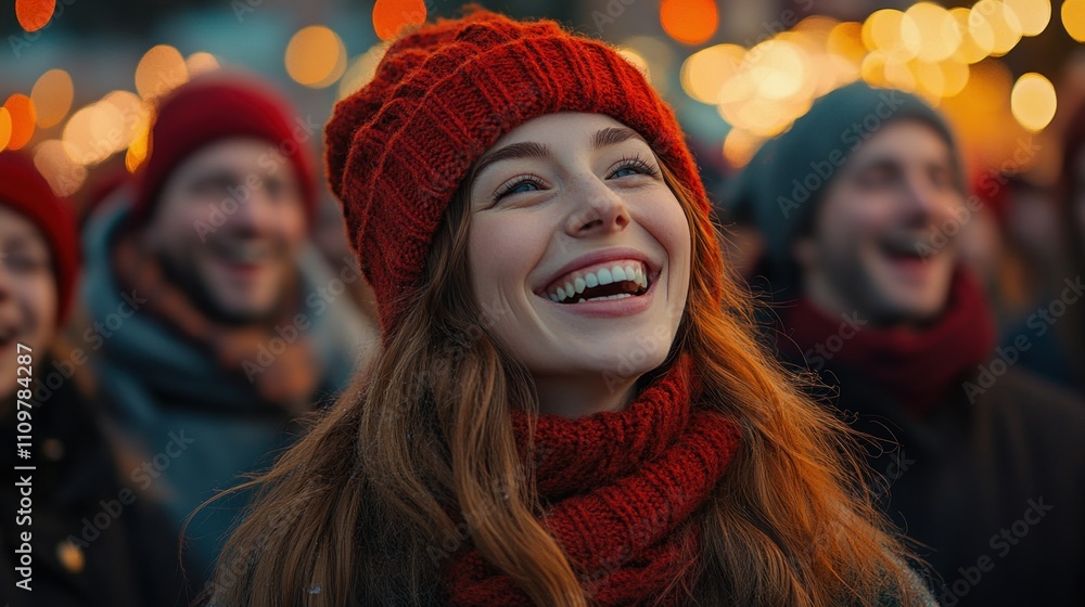 A woman with a bright smile enjoys a winter celebration surrounded by happy individuals under glowing lights A woman with a bright smile enjoys a winter celebration surrounded by happy individuals under glowing lights