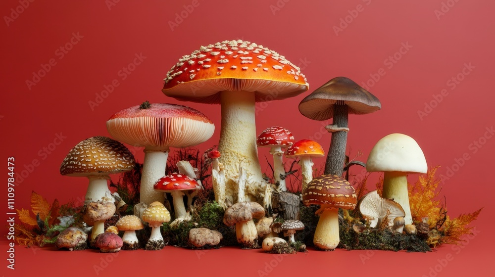 Autumnal Mushroom Gathering Against Red Background - Still Life Autumnal Mushroom Gathering Against Red Background - Still Life