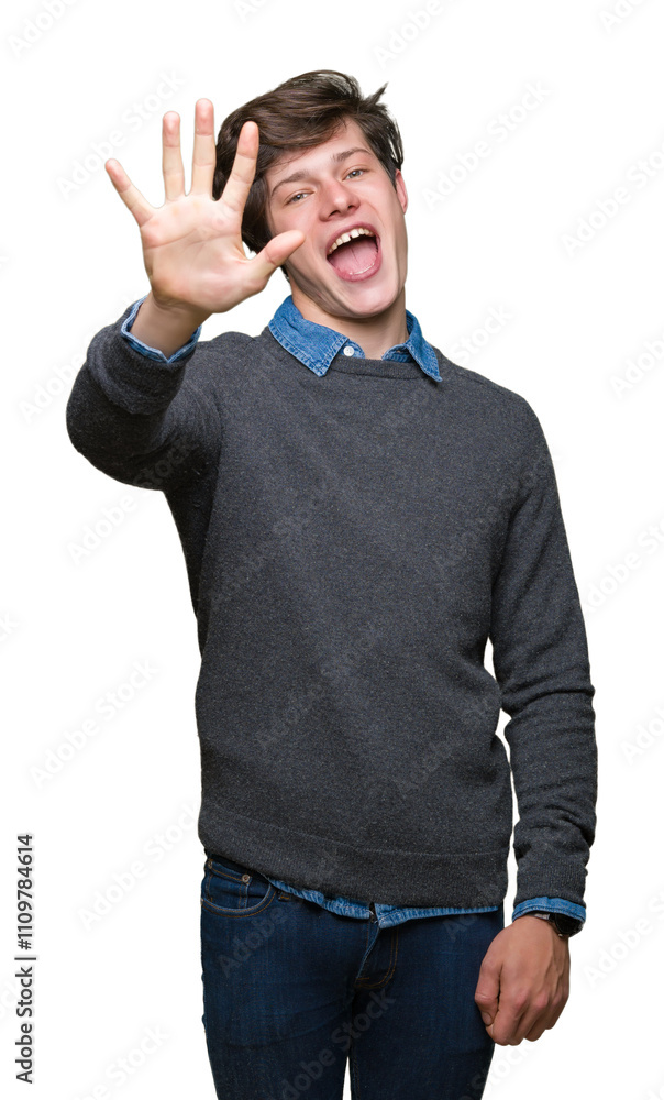 Naklejka premium Young handsome elegant man over isolated background showing and pointing up with fingers number five while smiling confident and happy.