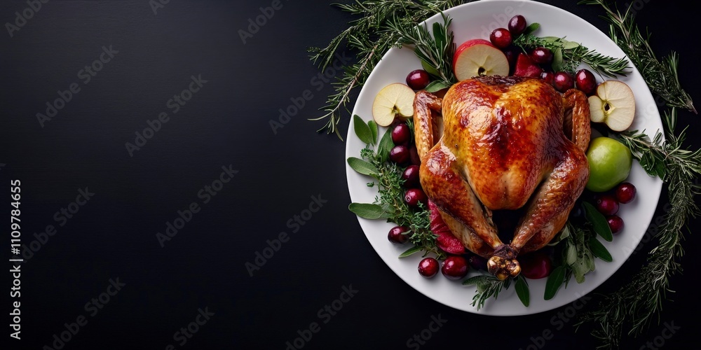 Roasted Thanksgiving Turkey on Festive Plate with Herbs and Fruit - Ov Roasted Thanksgiving Turkey on Festive Plate with Herbs and Fruit - Ov