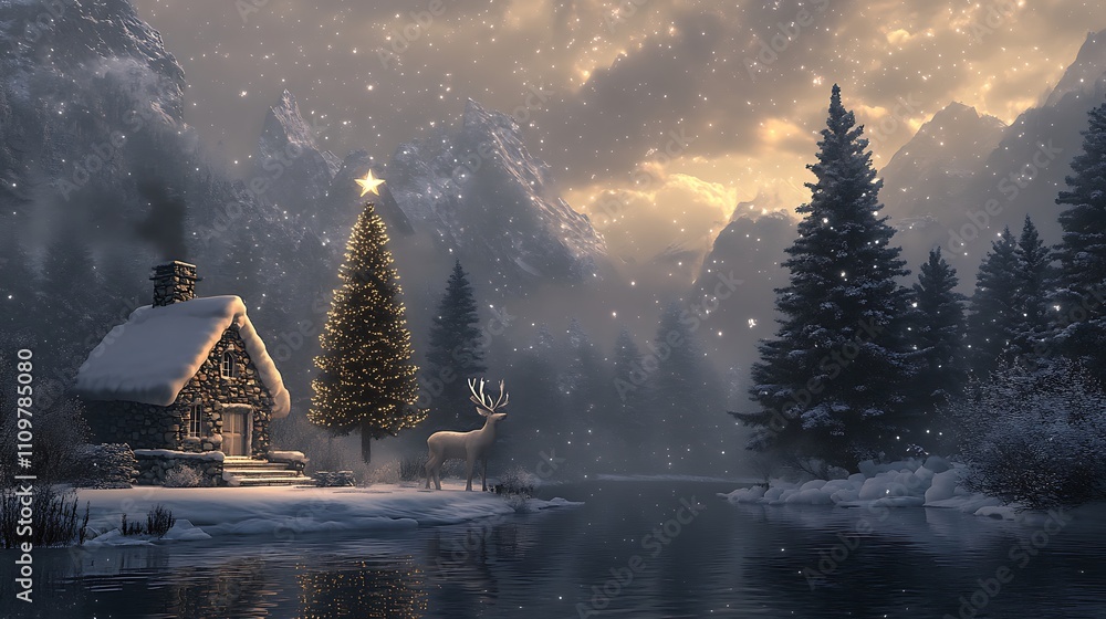 Snowy Christmas Cabin by a Lake. Festive Winter Scene. Snowy Christmas Cabin by a Lake. Festive Winter Scene.