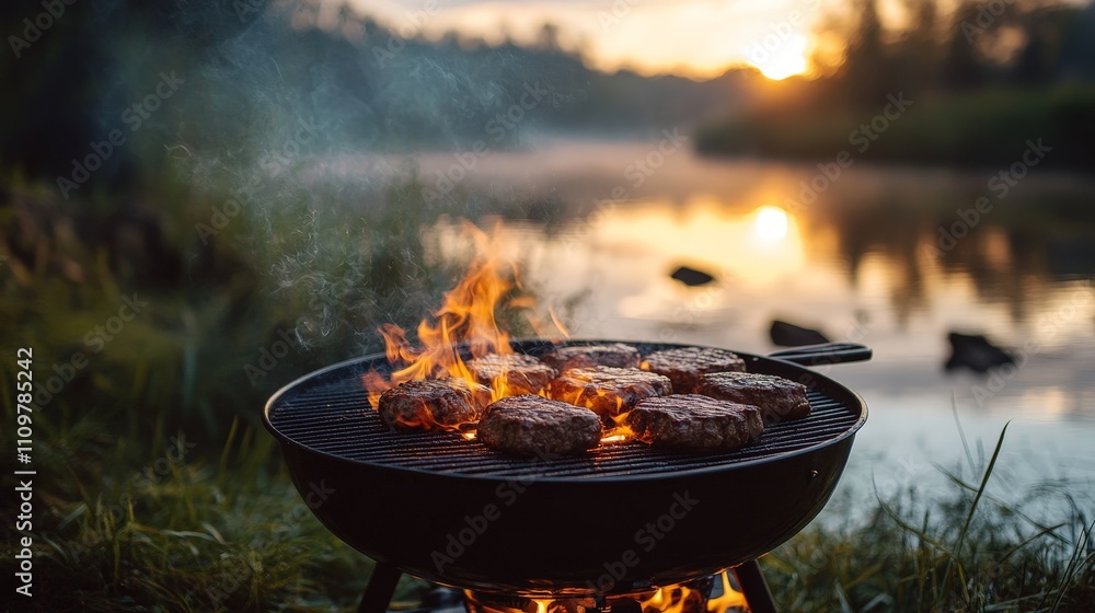 Grilling burgers by a serene lakeside at sunset. Grilling burgers by a serene lakeside at sunset.