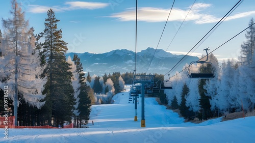 A digital illustration of a scenic landscape image depicting a winter wonderland with a clear blue sky.