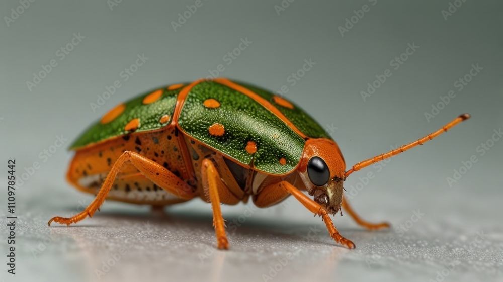 Fototapeta premium Close-up of vibrant green and orange beetle. (1)