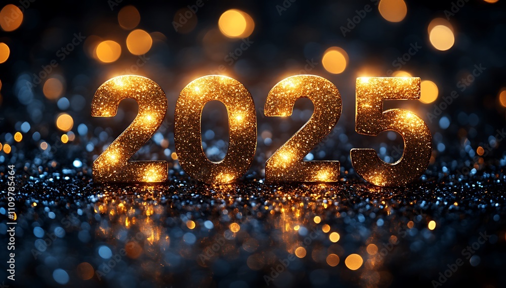 Happy New Year 2025 Number Crafted from Gold Lights.
